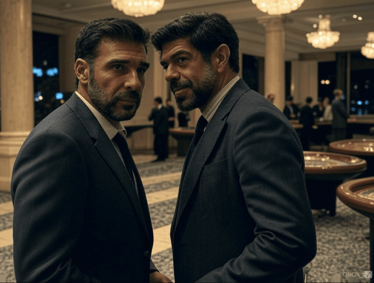 +++ ATTENZIONE, QUESTA E' UNA FOTO FAKE GENERATA CON l'AI DI "X", GROK +++ Edoardo Leo e Pierfrancesco Favino nel remake italiano di Ocean's Eleven"