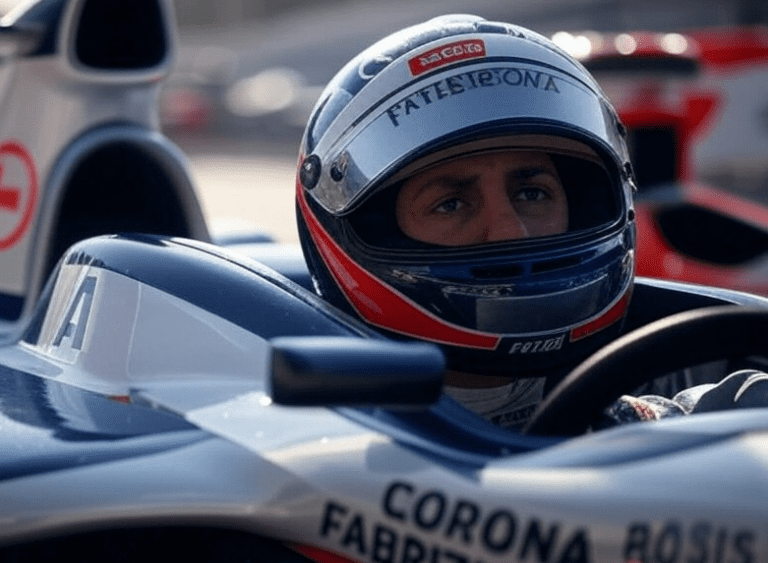 +++ ATTENZIONE, QUESTA E' UNA FOTO FAKE GENERATA CON L'AI DI "X", GROK +++ Fabrizio Corona alla guida di una vettura di Formula 2