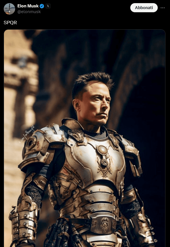 Una raffigurazione di Elon Musk con armatura da gladiatore