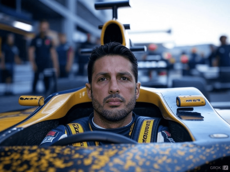 +++ ATTENZIONE, QUESTA E' UNA FOTO FAKE GENERATA CON l'AI DI "X", GROK +++ Fabrizio Corona alla guida di una vettura di Formula 2