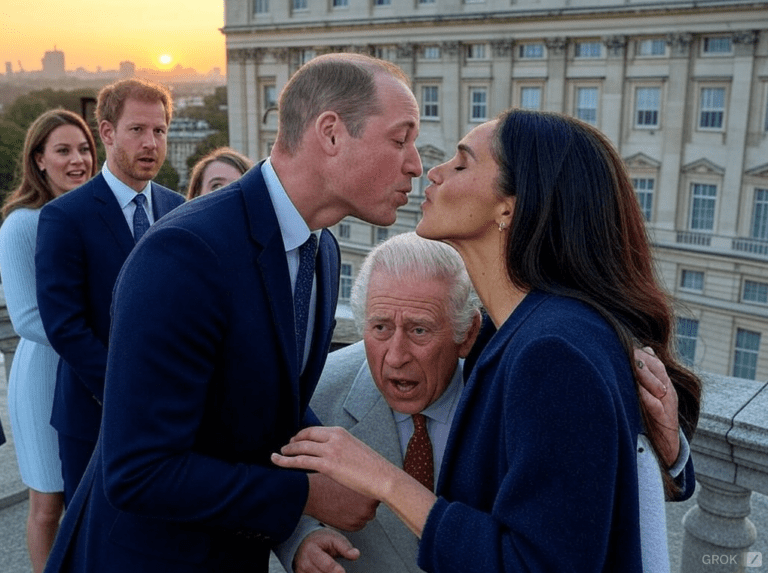 ATTENZIONE, QUESTA E' UNA FOTO FAKE GENERATA CON l'AI DI "X", GROK: il bacio fittizio tra il Principe William e Meghan Markle, con Re Carlo III che cerca di impedirlo
