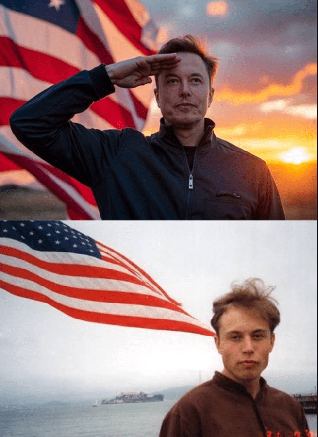 Il giovane e l'attuale Elon Musk "patriottico" con una bandiera USA