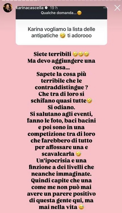 Una delle Instagram Story pubblicate da Karina Cascella (44).