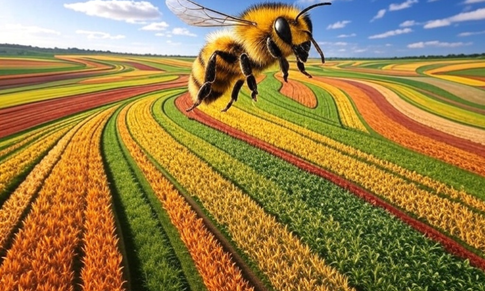 Un'ape vola su prati colorati secondo linee sinuose