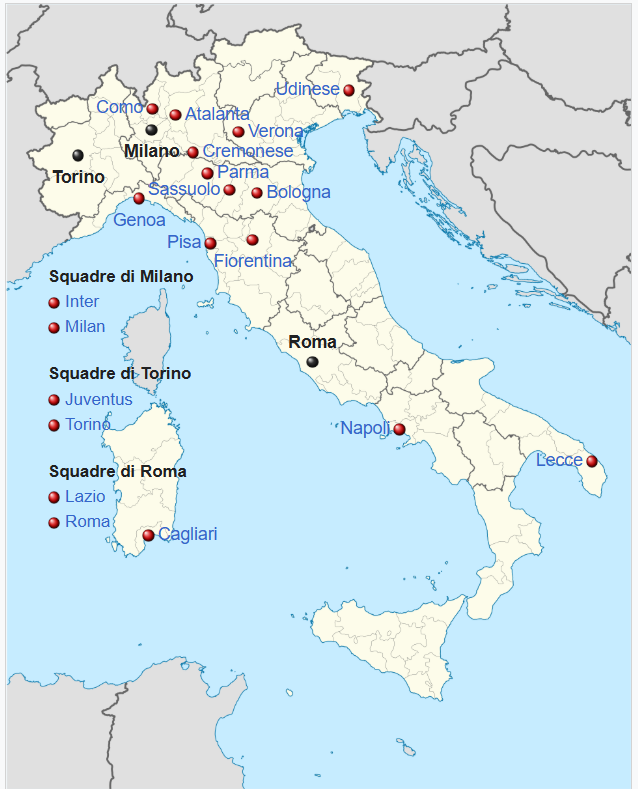 Bentornato Campionato! Riparte la Serie A, tra luci e ombre 1 L'ubicazione geografica delle 20 squadre di Serie A, stagione 2025-26. Fonte: wikipedia