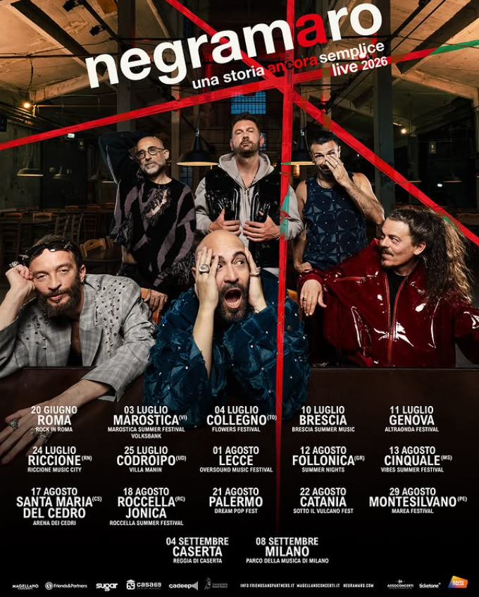 La locandina con le date del tour live 2026 dei Negramaro dal titolo "Una storia ancora semplice"