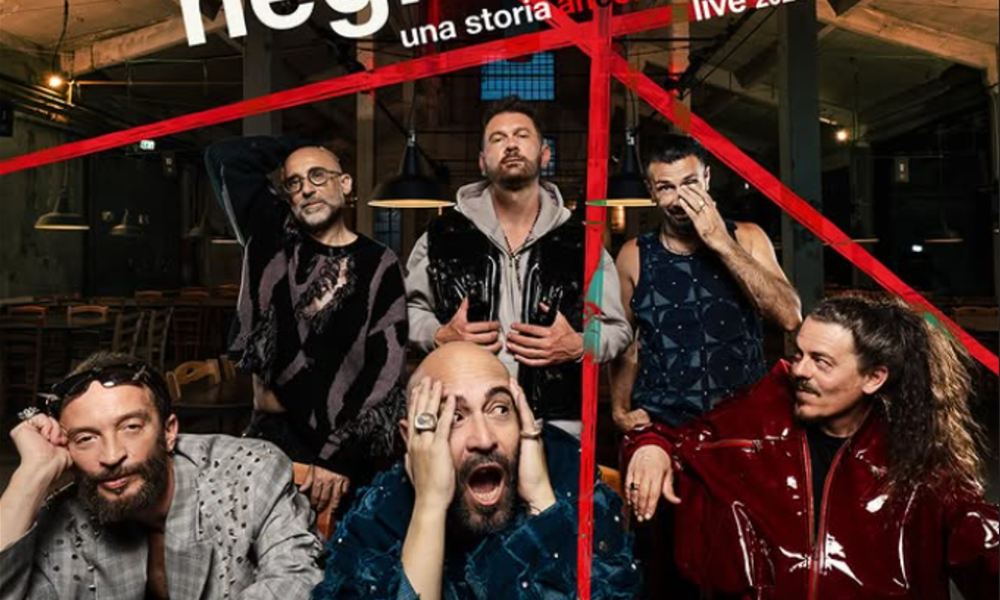Locandina del tour 2026 dei Negramaro "Una storia ancora semplice - live 2026", con i sei componenti della band