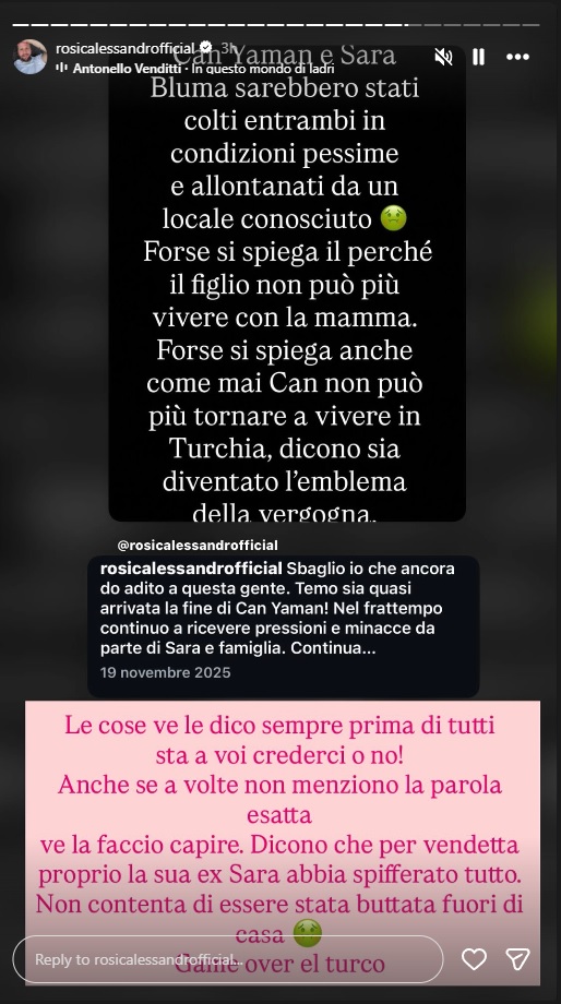 Can Yaman rilasciato dopo l’arresto. Ma l’indagine continua 1 La storia instagram di Alessandro Rosica.