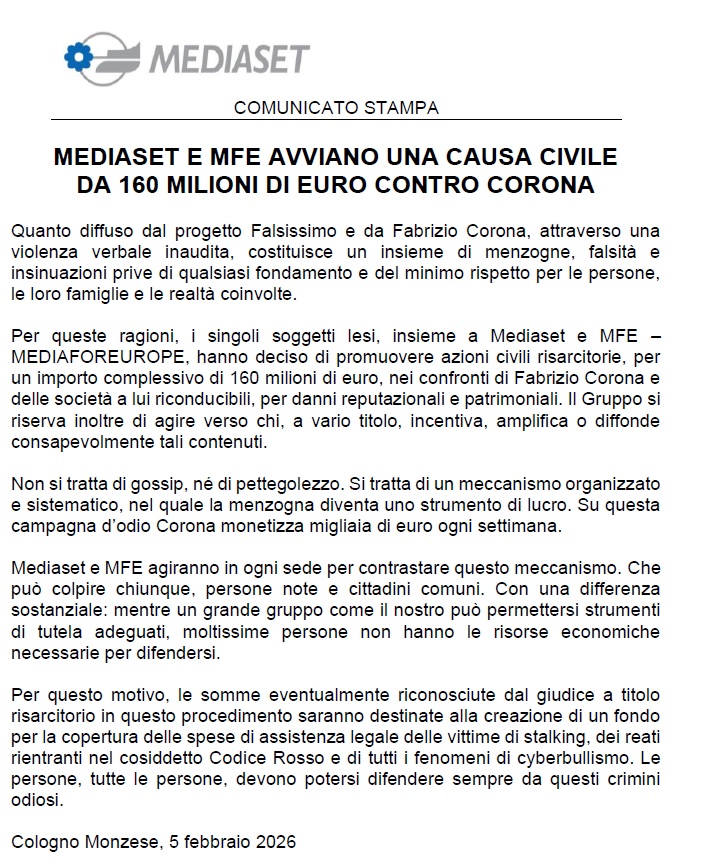 Mediaset VS Fabrizio Corona, guerra totale: causa da 160 milioni 1 Mediaset VS Fabrizio Corona, guerra totale: causa da 160 milioni
