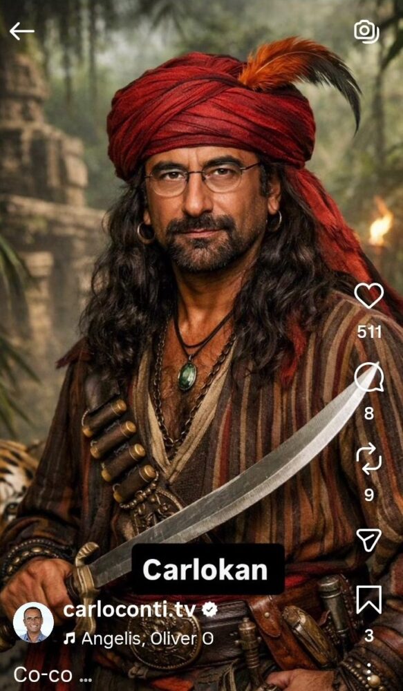 Can Yaman co-conduttore a Sanremo 2026. Ma qualcuno non l’ha presa bene… 1 Il post di Carlo Conti (64) nelle vesti di Sandokan.