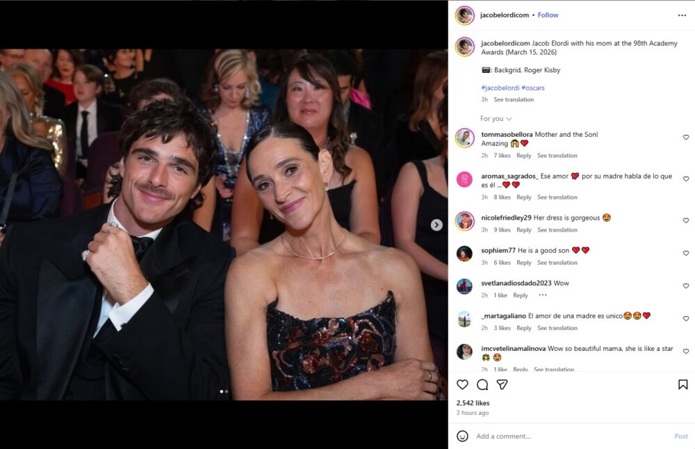 Jacob Elordi (28) con sua mamma alla notte degli Oscar.