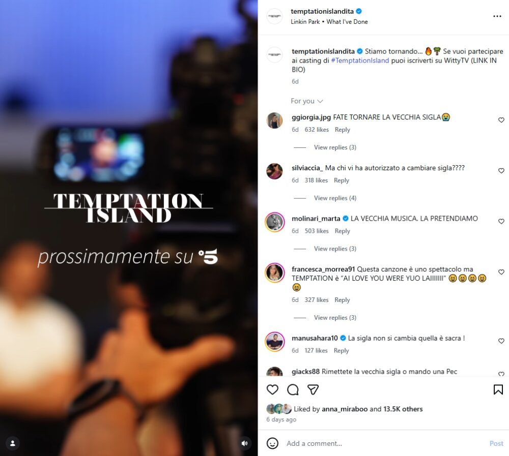 Alcuni dei commenti social sul video promozionale di "Temptation Island 2026"