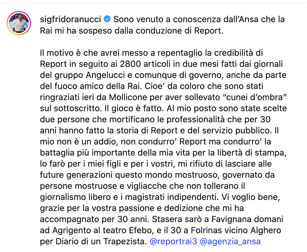 Ranucci fuori da "Report": «Il gioco è fatto». L’ultimo affondo contro la Rai: «Non è un addio, combatterò per la libertà di stampa» 1 Ranucci fuori da "Report": «Il gioco è fatto». L’ultimo affondo contro la Rai: «Non è un addio, combatterò per la libertà di stampa»